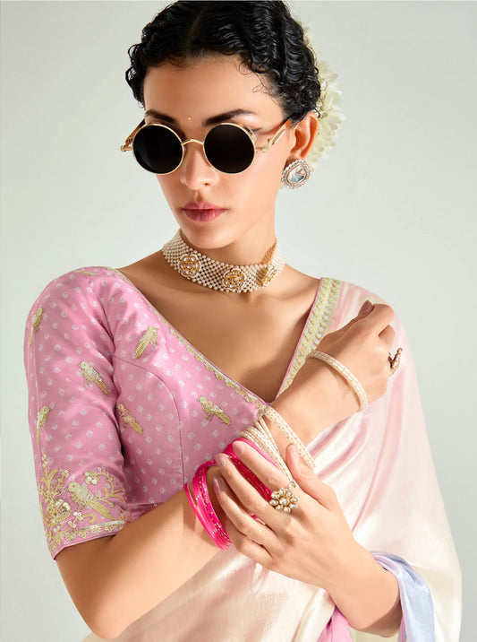 Beige-Multicolor Organza Embroidery Saree