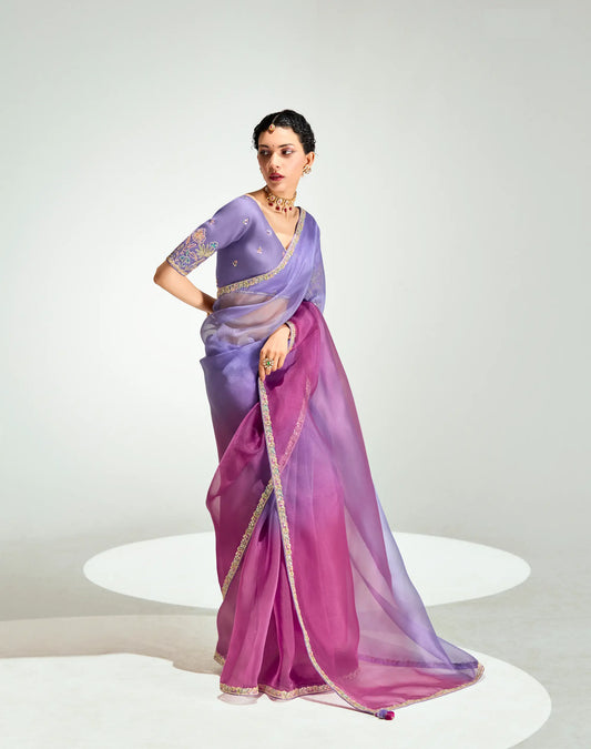 Lavender-Magenta Pink Organza Embroidery Saree