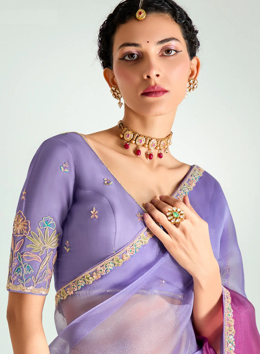 Lavender-Magenta Pink Organza Embroidery Saree