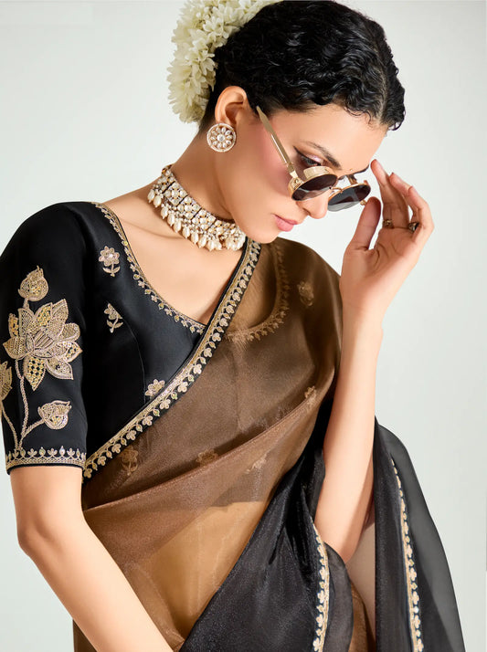 Black-Bear Brown Organza Embroidery Saree