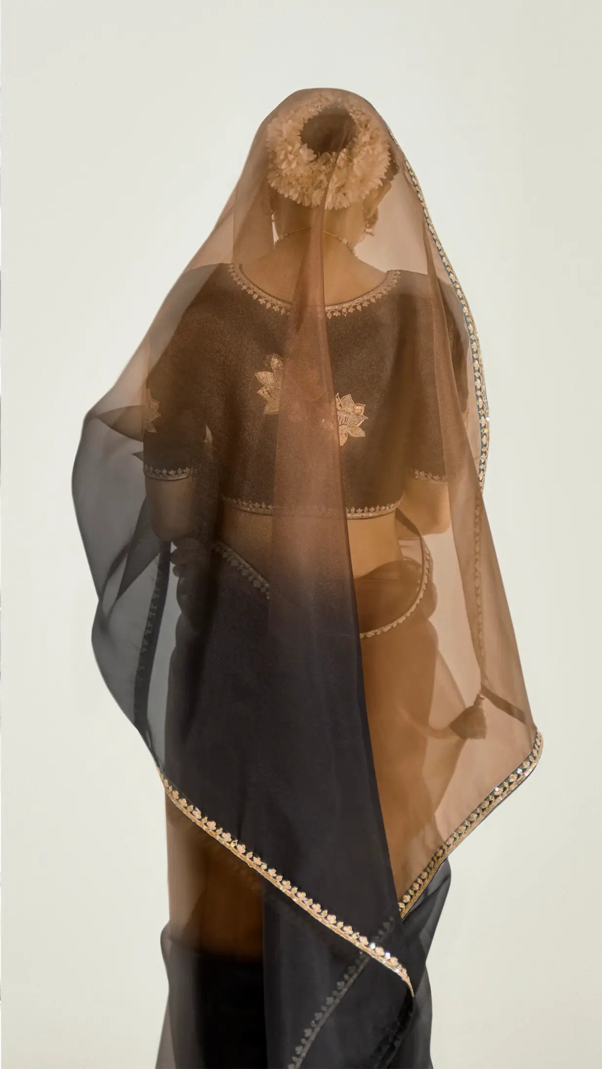 Black-Bear Brown Organza Embroidery Saree