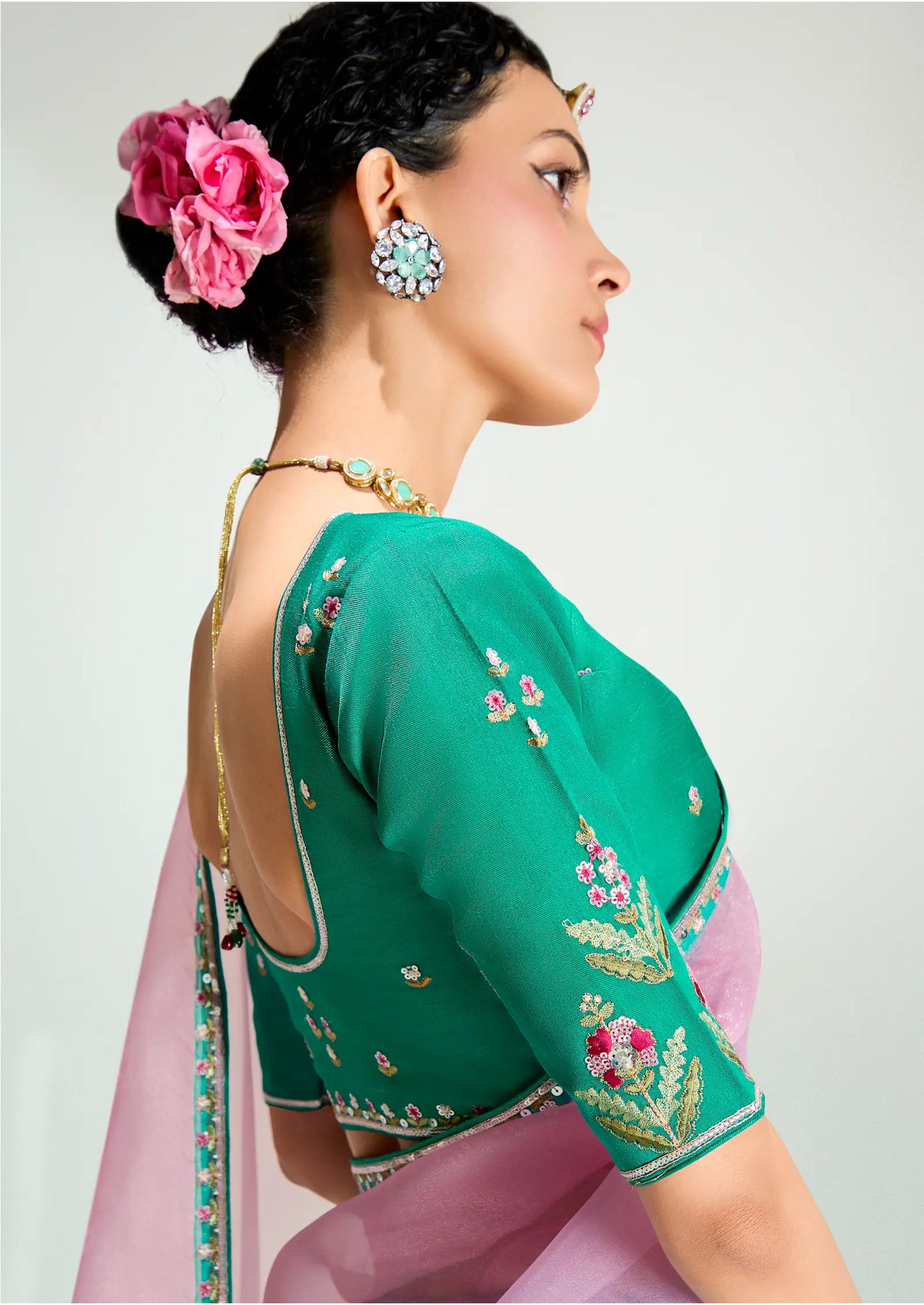 Teal Green-Powder Pink Organza Embroidery Saree