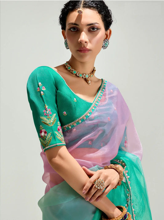 Teal Green-Powder Pink Organza Embroidery Saree