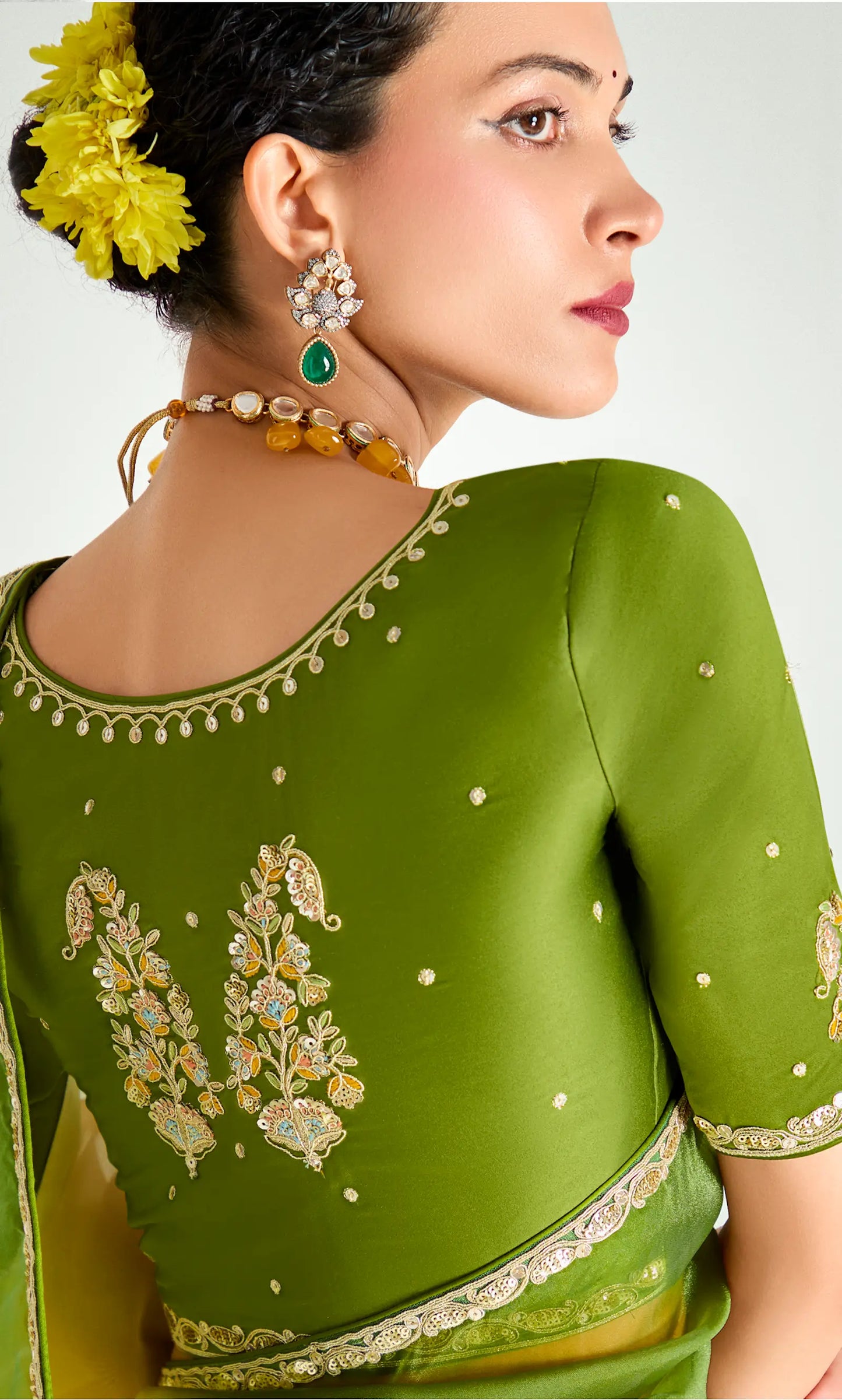 Olive Green-Multicolor Organza Embroidery Saree