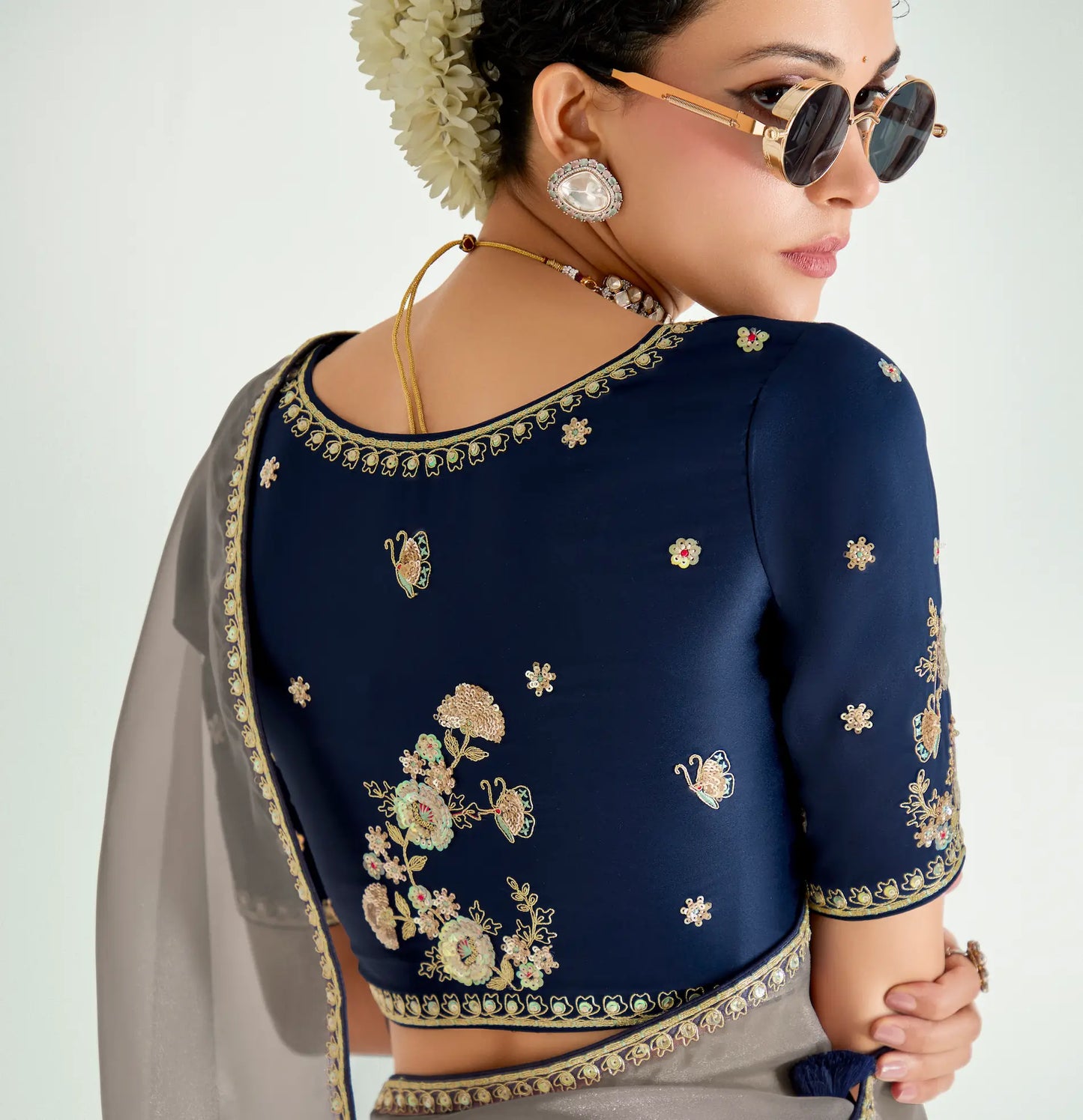Navy Blue-Dusty Grey Organza Embroidery Saree