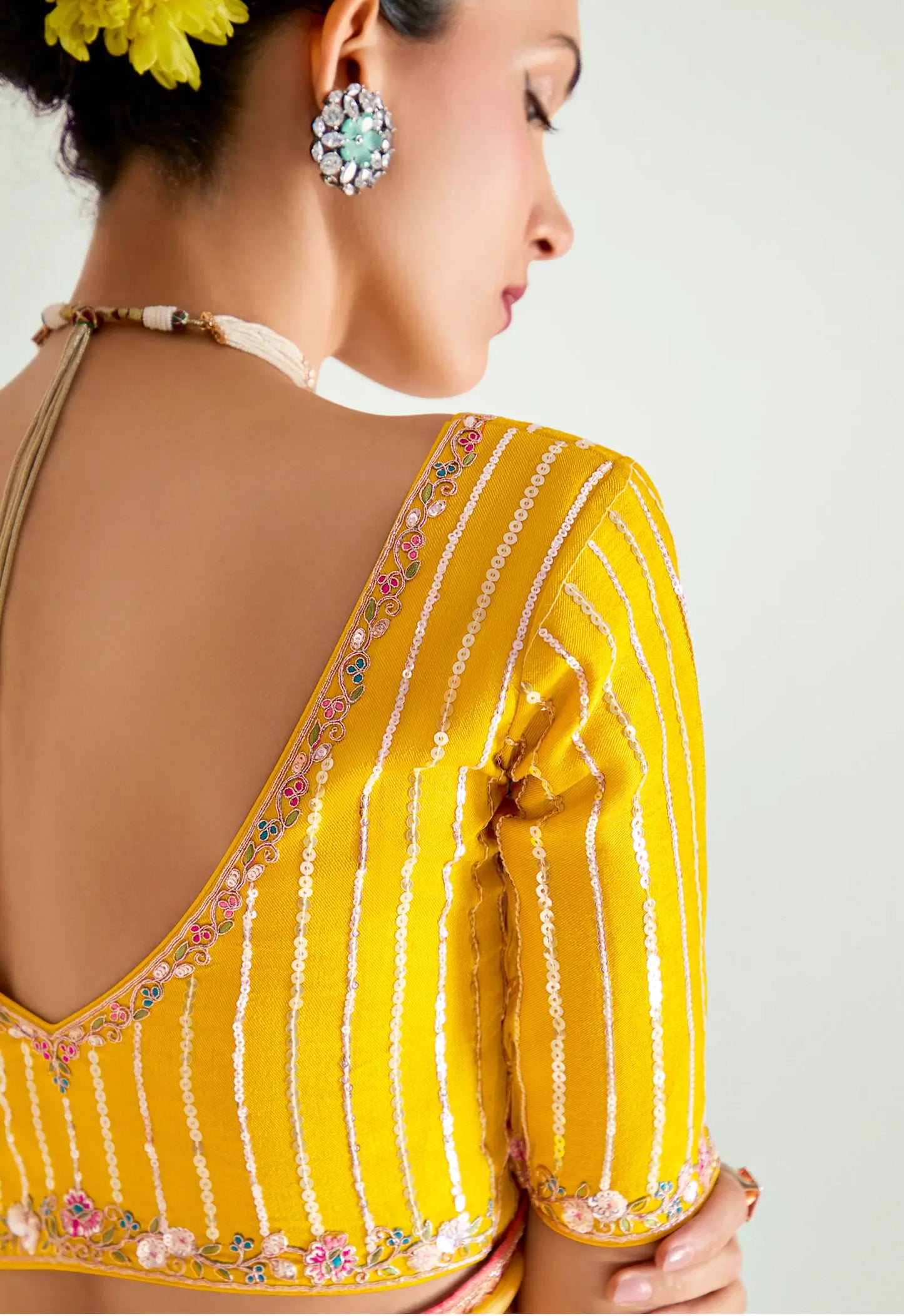 Yellow-Peach-Pink Organza Embroidery Saree