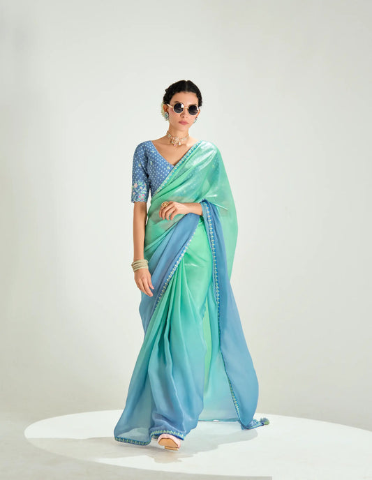 Powder Blue-Turquoise Green Organza Embroidery Saree