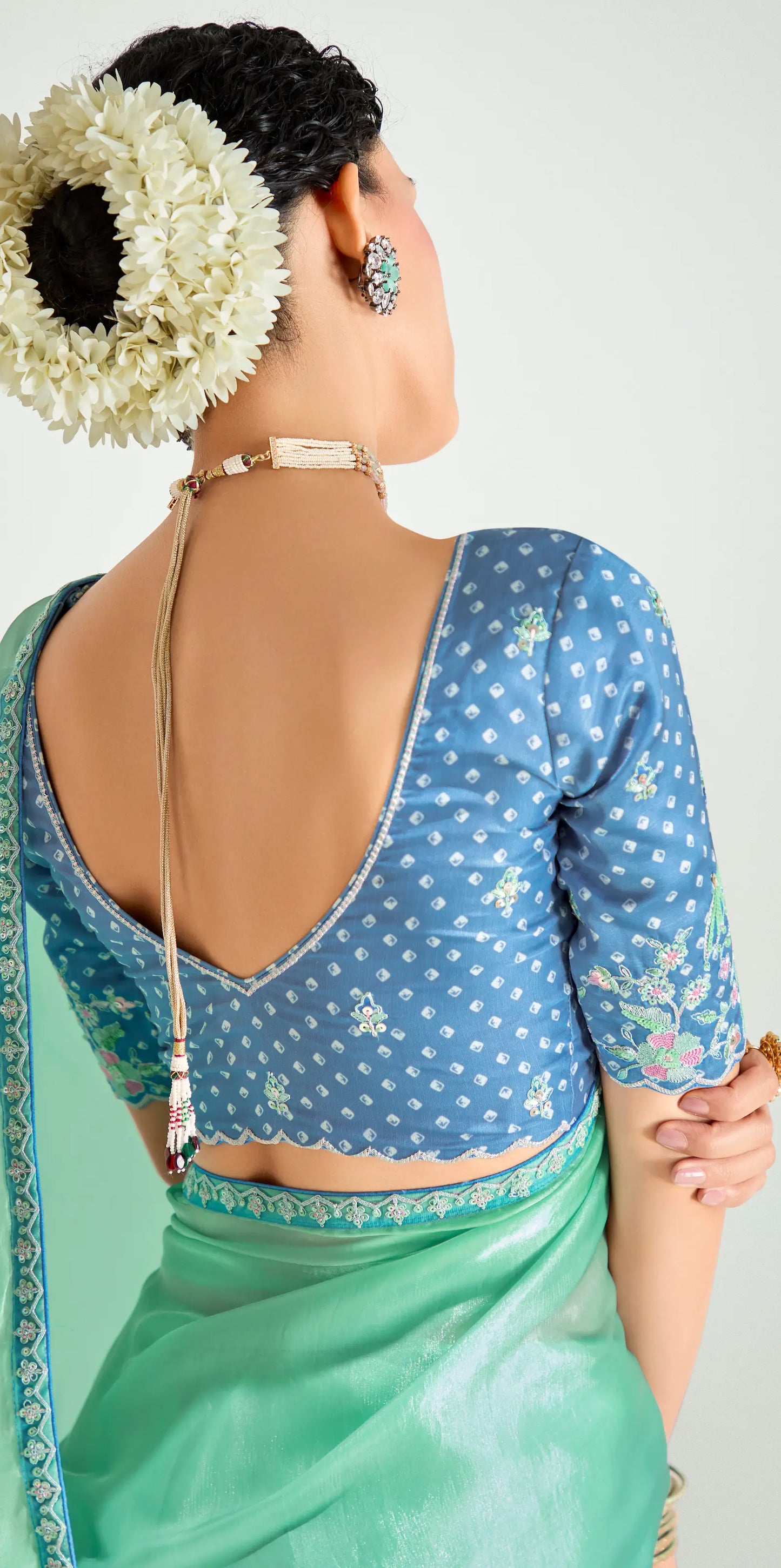 Powder Blue-Turquoise Green Organza Embroidery Saree