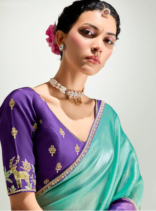 Purple-Multicolor Organza Embroidery Saree