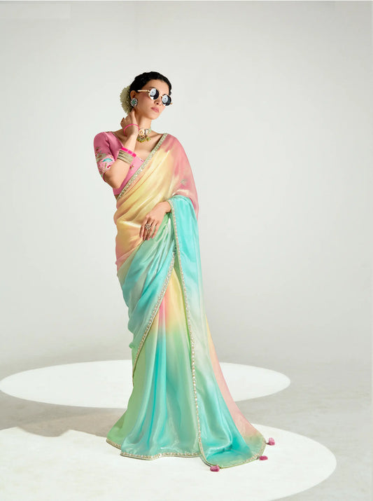 Salmon Pink-Multicolor Organza Embroidery Saree