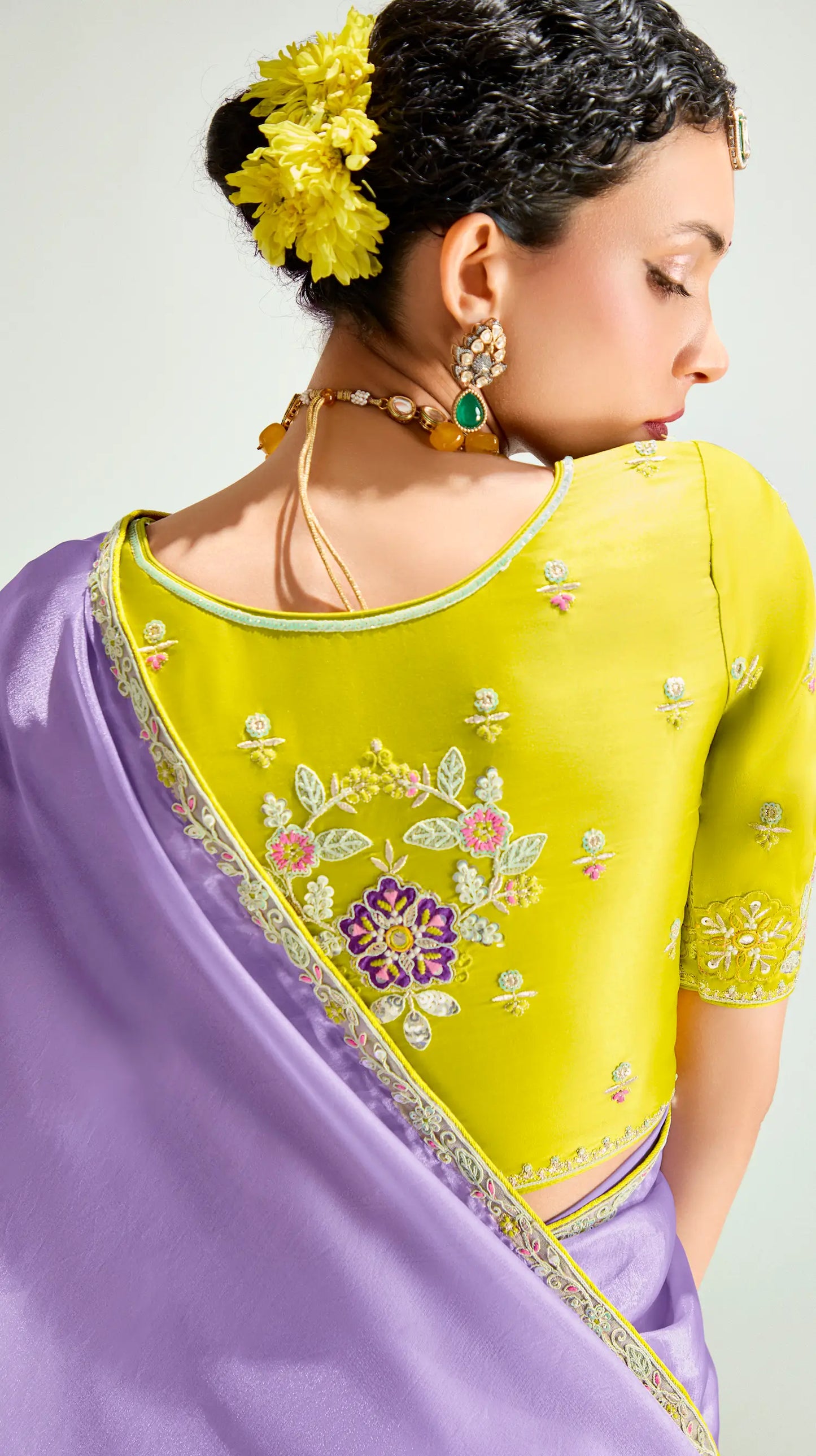 Lemon Yellow-Lavender Organza Embroidery Saree