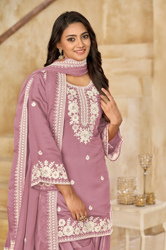 Dusty Pink Roman Silk Embroidery Work Salwar Suit