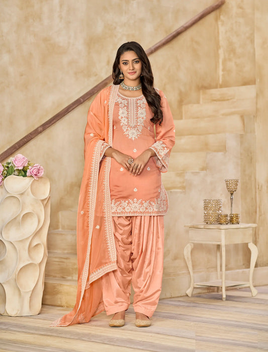 Peach Roman Silk Embroidery Work Salwar Suit