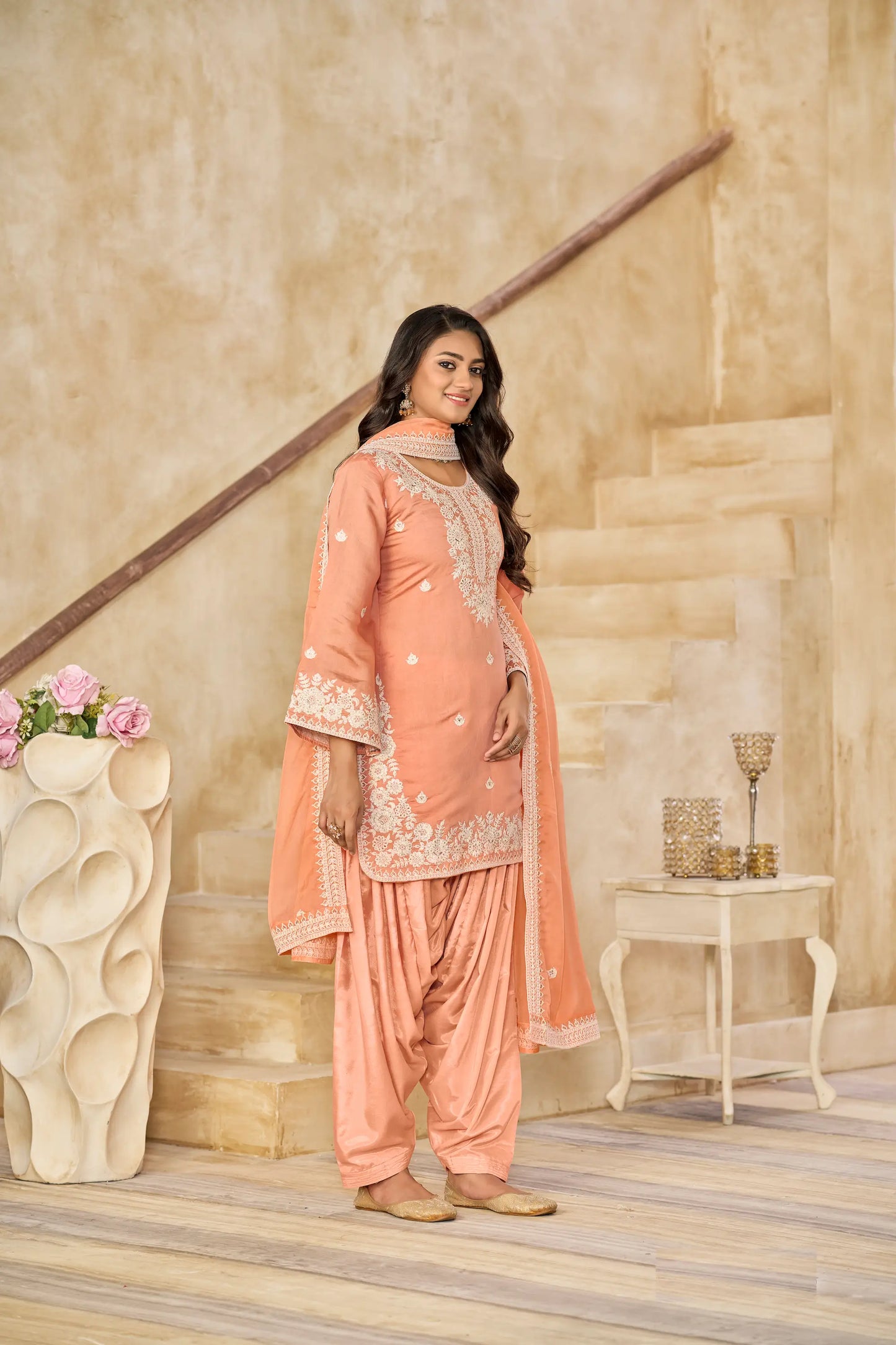 Peach Roman Silk Embroidery Work Salwar Suit