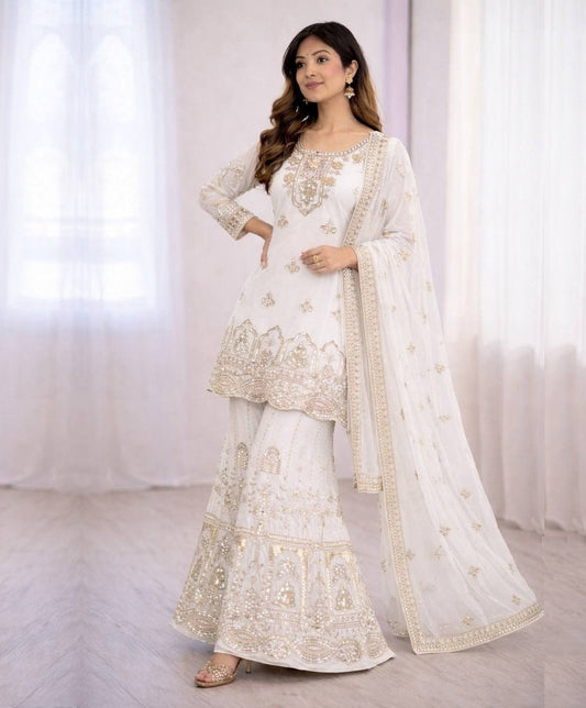 Pearl White Georgette Embroidery Salwar Suit