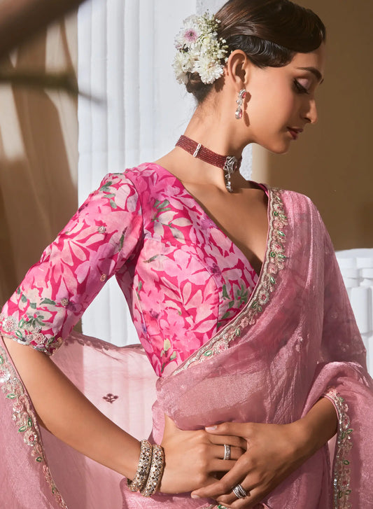 Daisy Pink Fancy Tissue Embroidery Work Saree