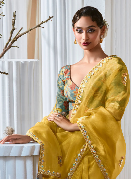 Golden Yellow Fancy Tissue Embroidery Work Saree
