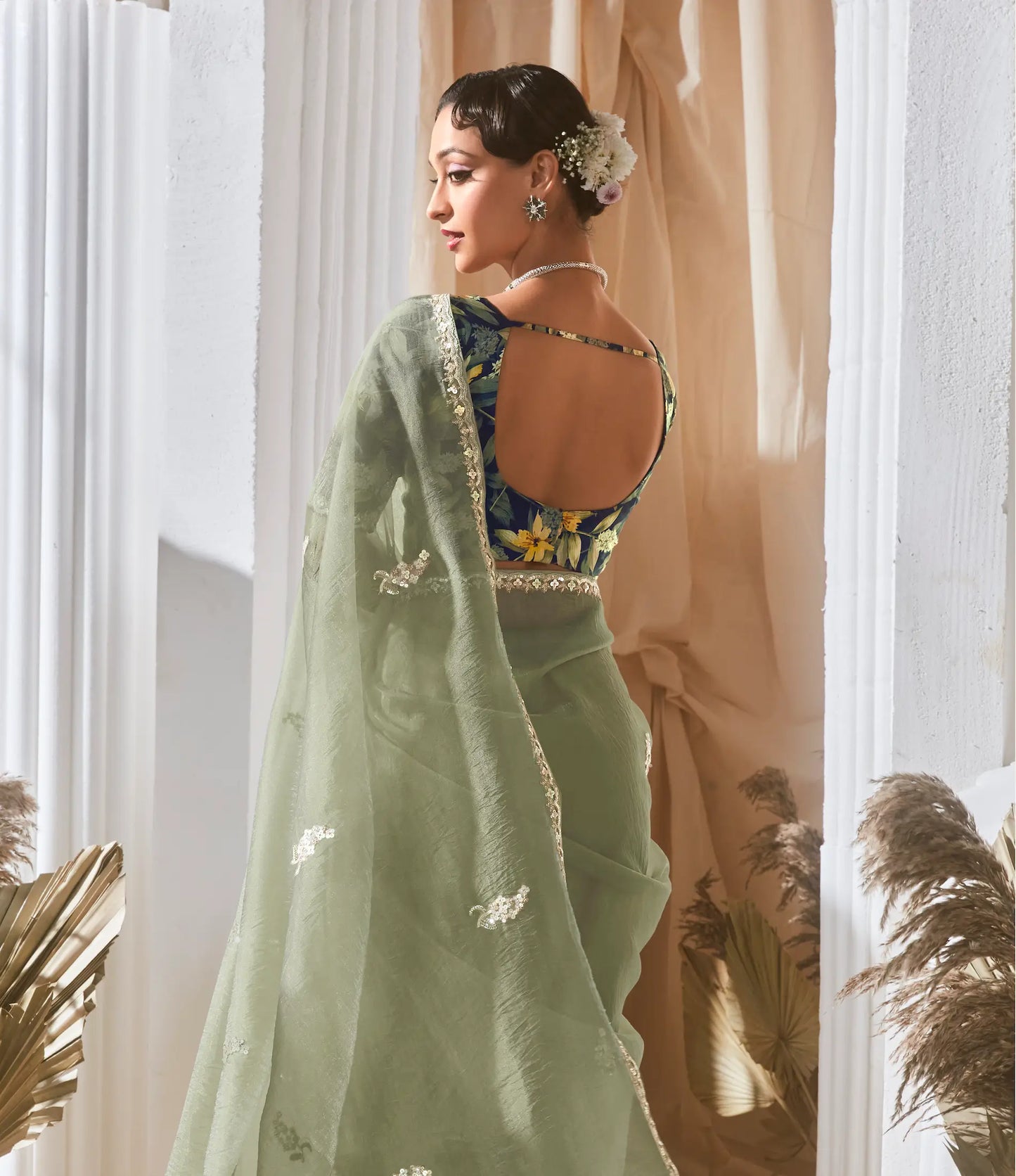 Sea Green Fancy Tissue Embroidery Work Saree