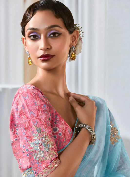 Glacier Blue Fancy Tissue Embroidery Work Saree
