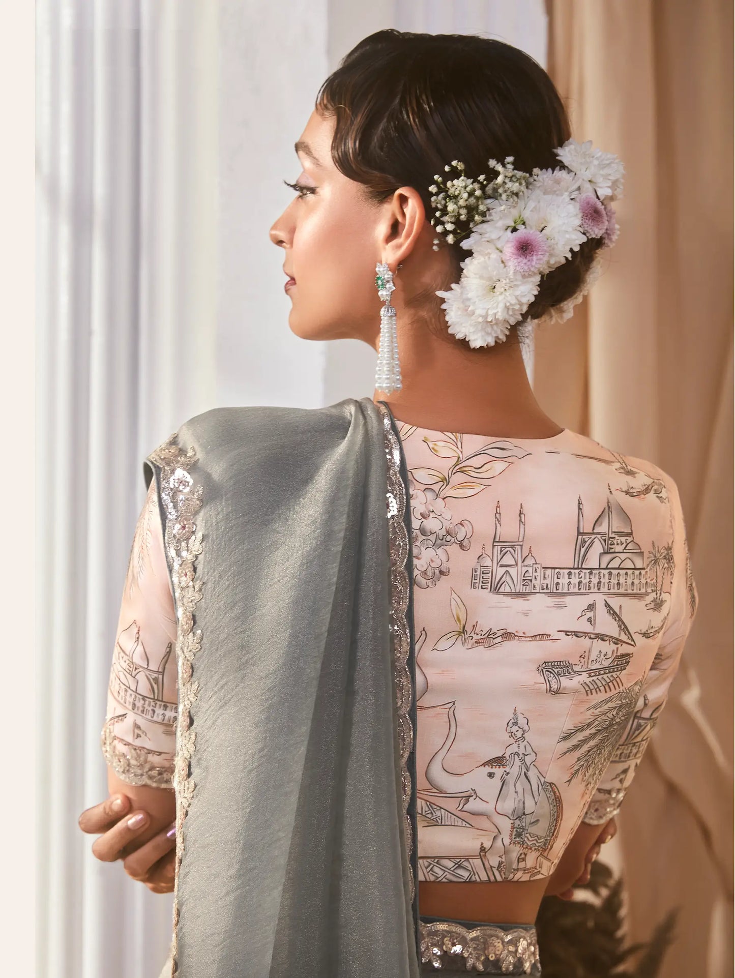 Grey Fancy Tissue Embroidery Work Saree