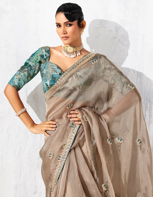 Dusty Beige Glass Tissue Embroidery Party Wear Saree