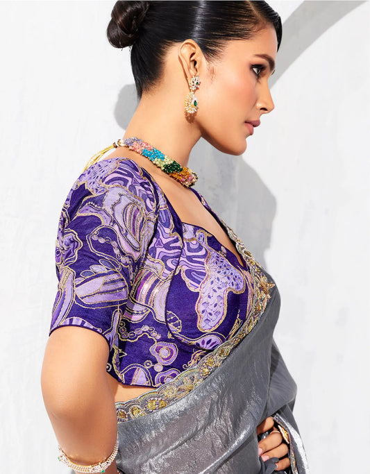 Dark Grey Glass Tissue Embroidery Party Wear Saree