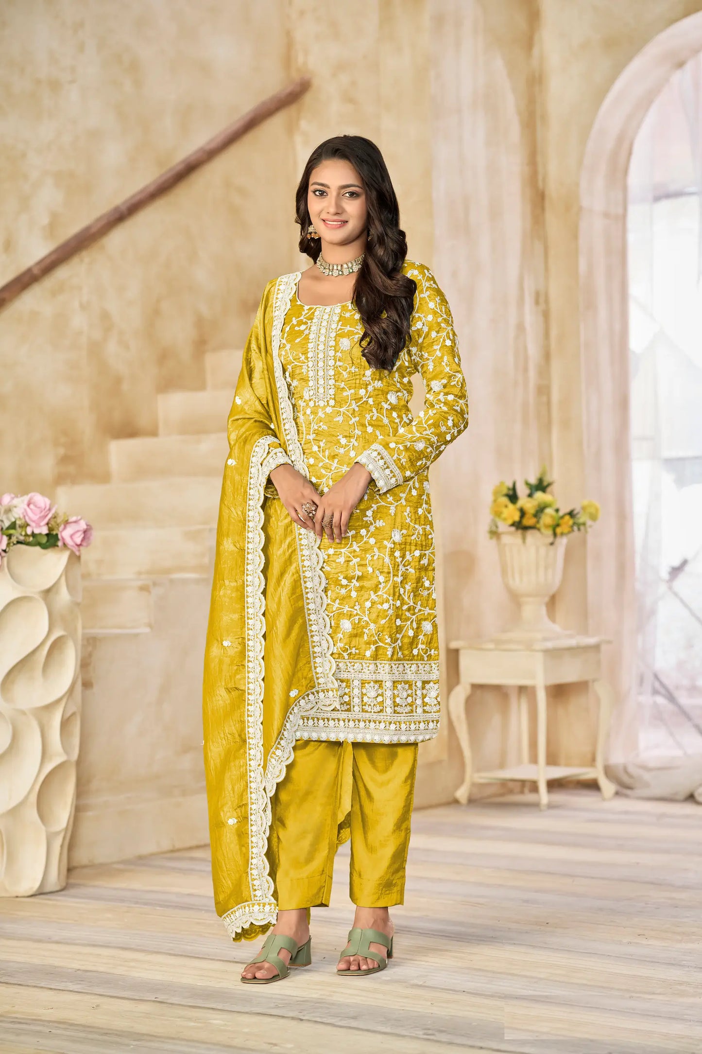 Yellow Crush Organza Embroidery Work Salwar Suit