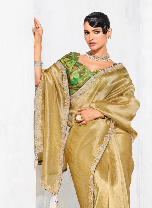 Sand Yellow Glass Tissue Embroidery Party Wear Saree