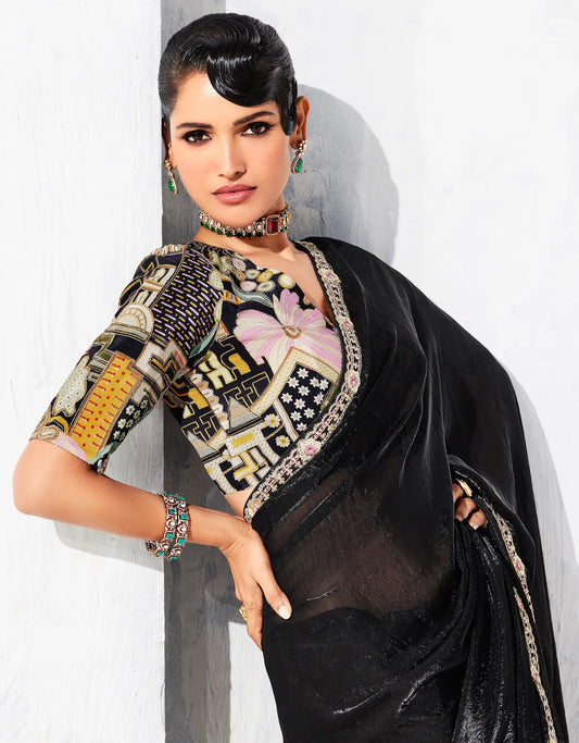 Hot Black Glass Tissue Embroidery Party Wear Saree
