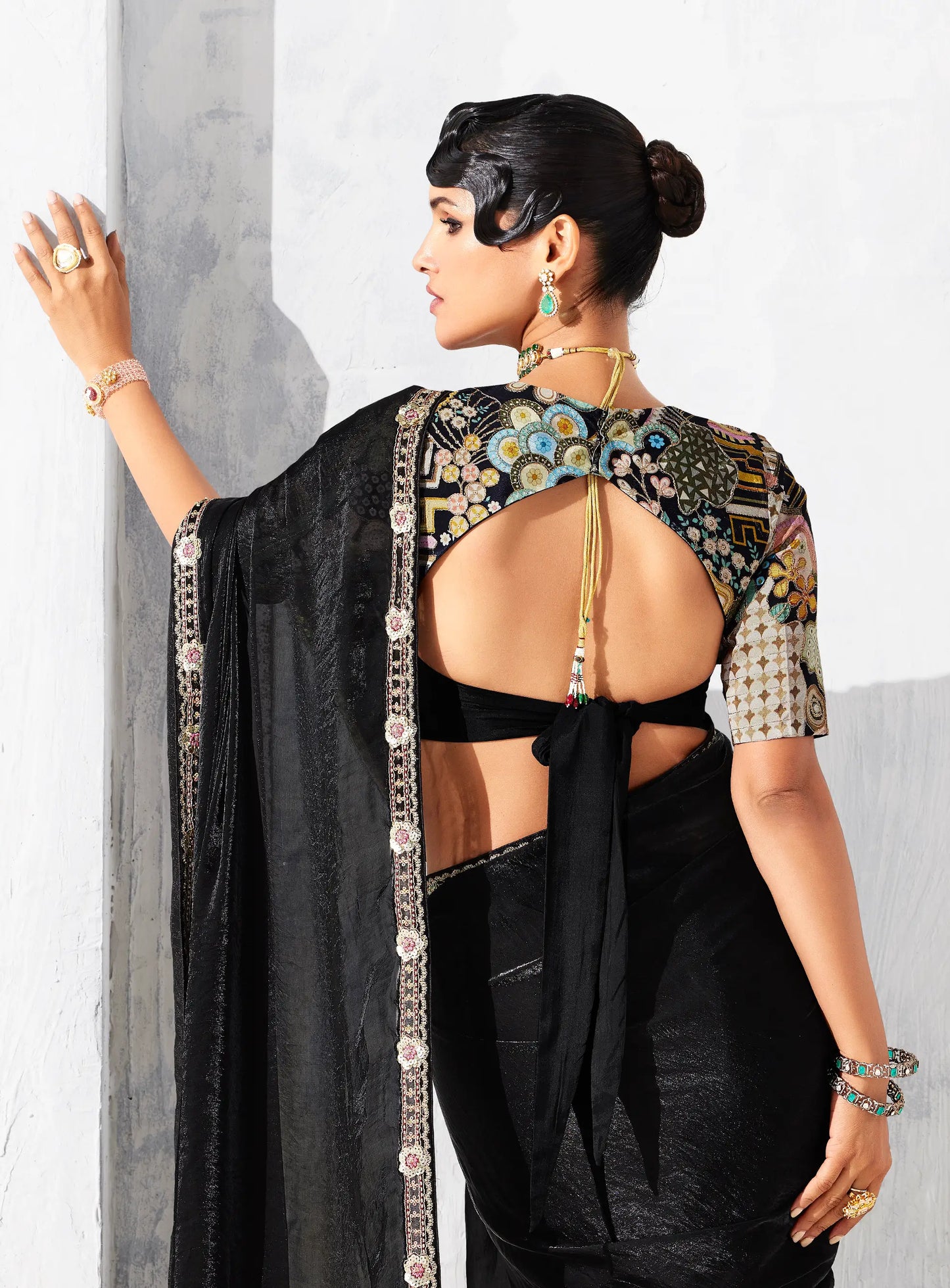 Hot Black Glass Tissue Embroidery Party Wear Saree