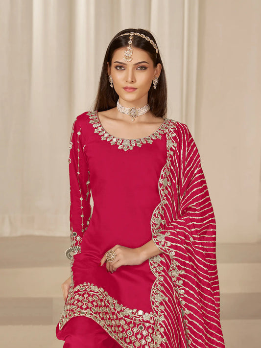 Red Roman Silk Mirror & Embroidery Work Salwar Suit