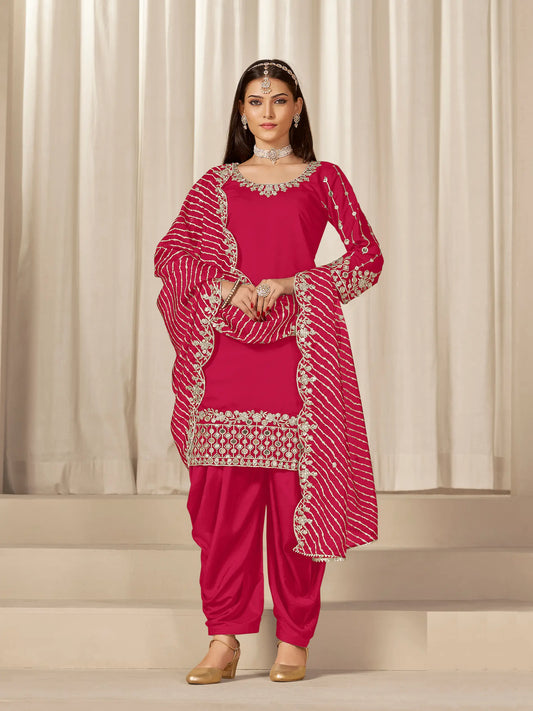 Red Roman Silk Mirror & Embroidery Work Salwar Suit