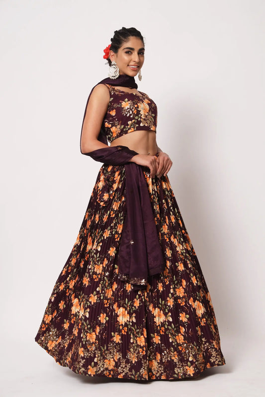 Maroon Art Silk Lehenga Choli With Crush, Print & Sequence Embroidery Work