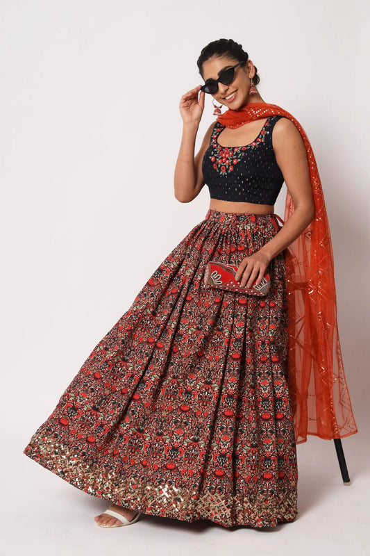 Red-Black Art Silk Lehenga Choli With Crush, Print & Sequence Embroidery Work
