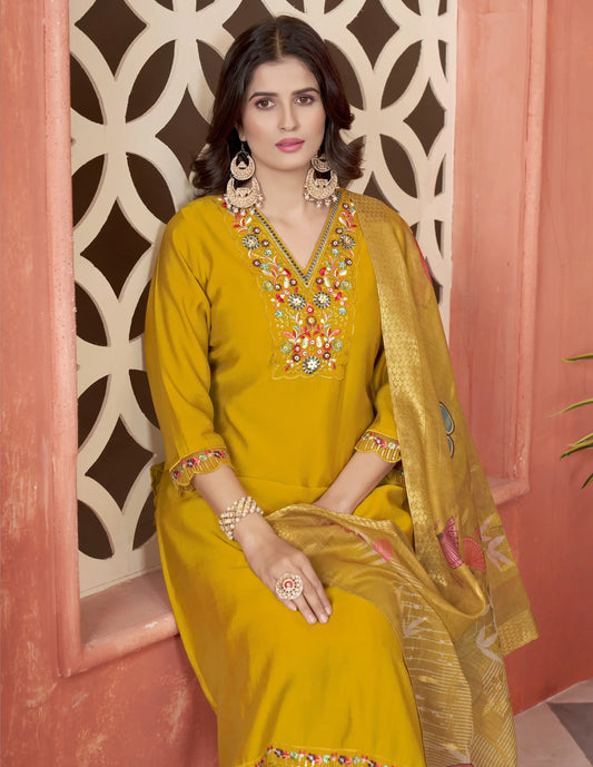 Designer Yellow Embroidery With Hand Work Salwar Suit With Dupatta