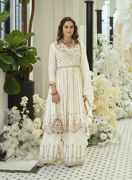 Pearl White Chinon Embroidered Salwar Suit