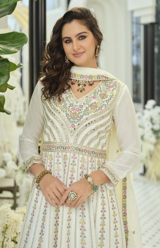 Pearl White Chinon Embroidered Salwar Suit