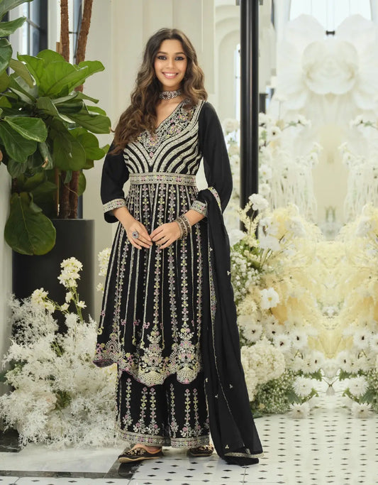 Rich Black Chinon Embroidered Salwar Suit