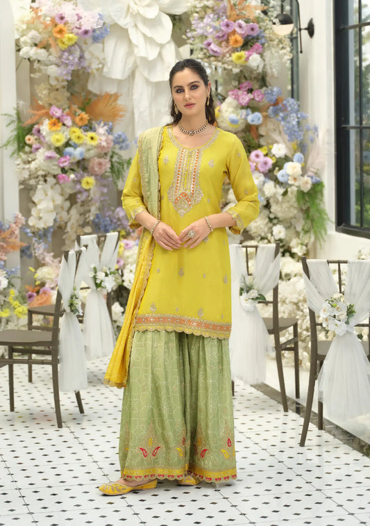 Yellow-Green Chinon Embroidered Salwar Suit