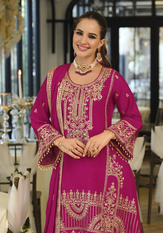 Hot Pink Chinon Embroidered Salwar Suit