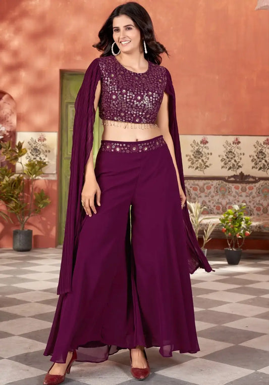 Designer Wine Georgette Indo Western With Sequins Work