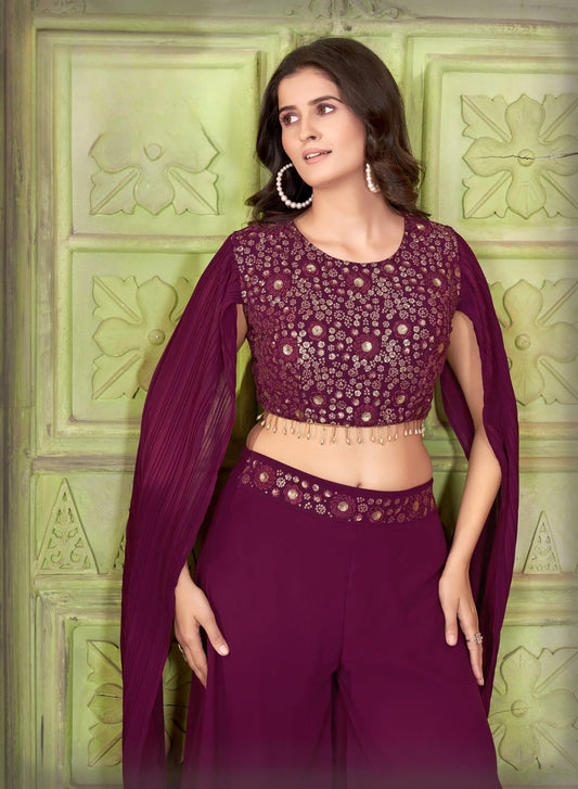 Designer Wine Georgette Indo Western With Sequins Work
