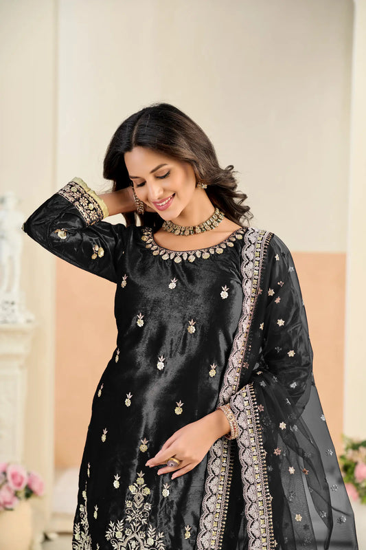 Smoky Black Velvet Embroidered Salwar Suit