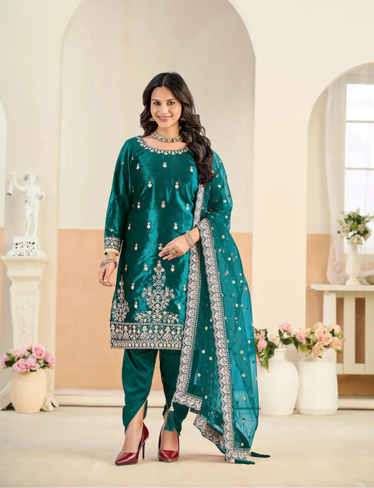 Teal Blue Velvet Embroidered Salwar Suit