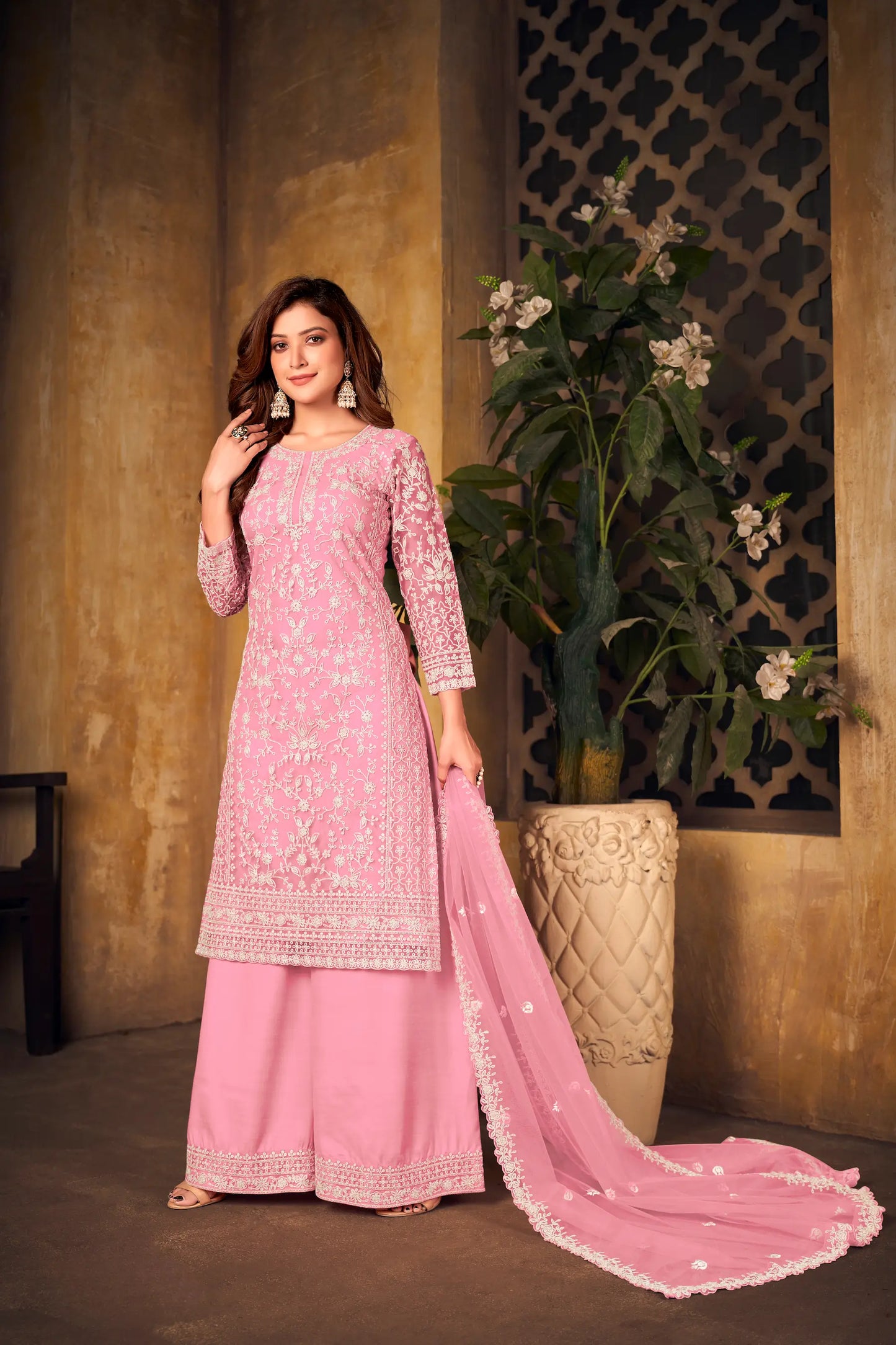 Light Pink Net Thread & Sequence Embroidery Work Salwar Suit