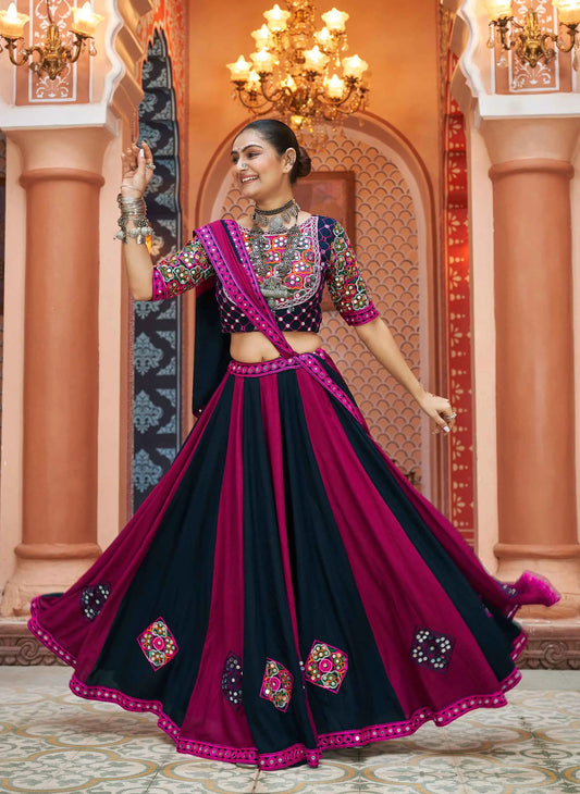 Navy Blue And Pink Embroidery With Mirror Work Navratri Lehenga Choli