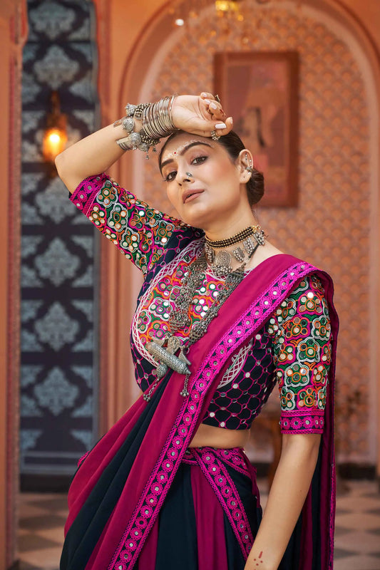 Navy Blue And Pink Embroidery With Mirror Work Navratri Lehenga Choli