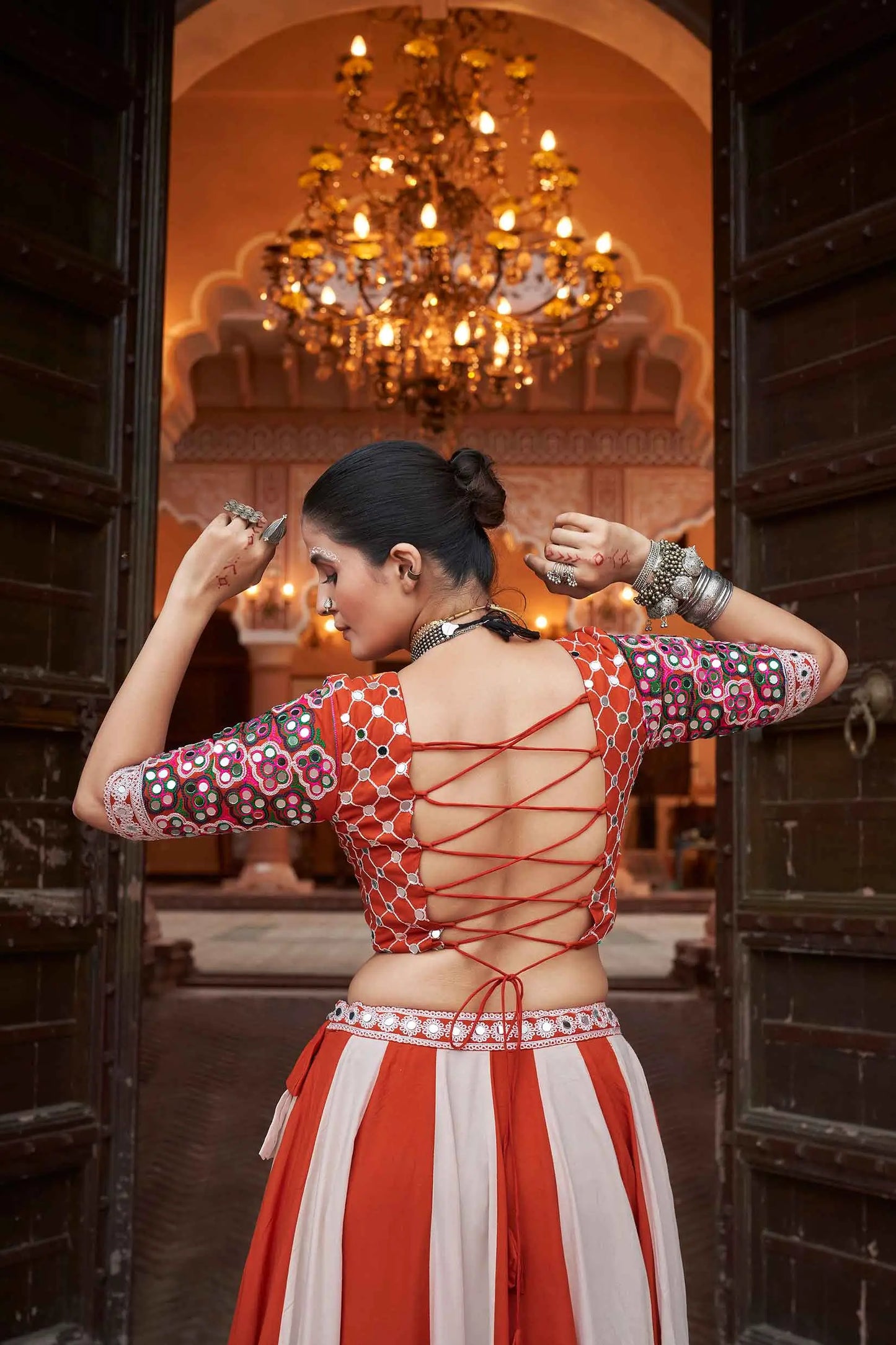 Orange And White Embroidery With Mirror Work Navratri Lehenga Choli