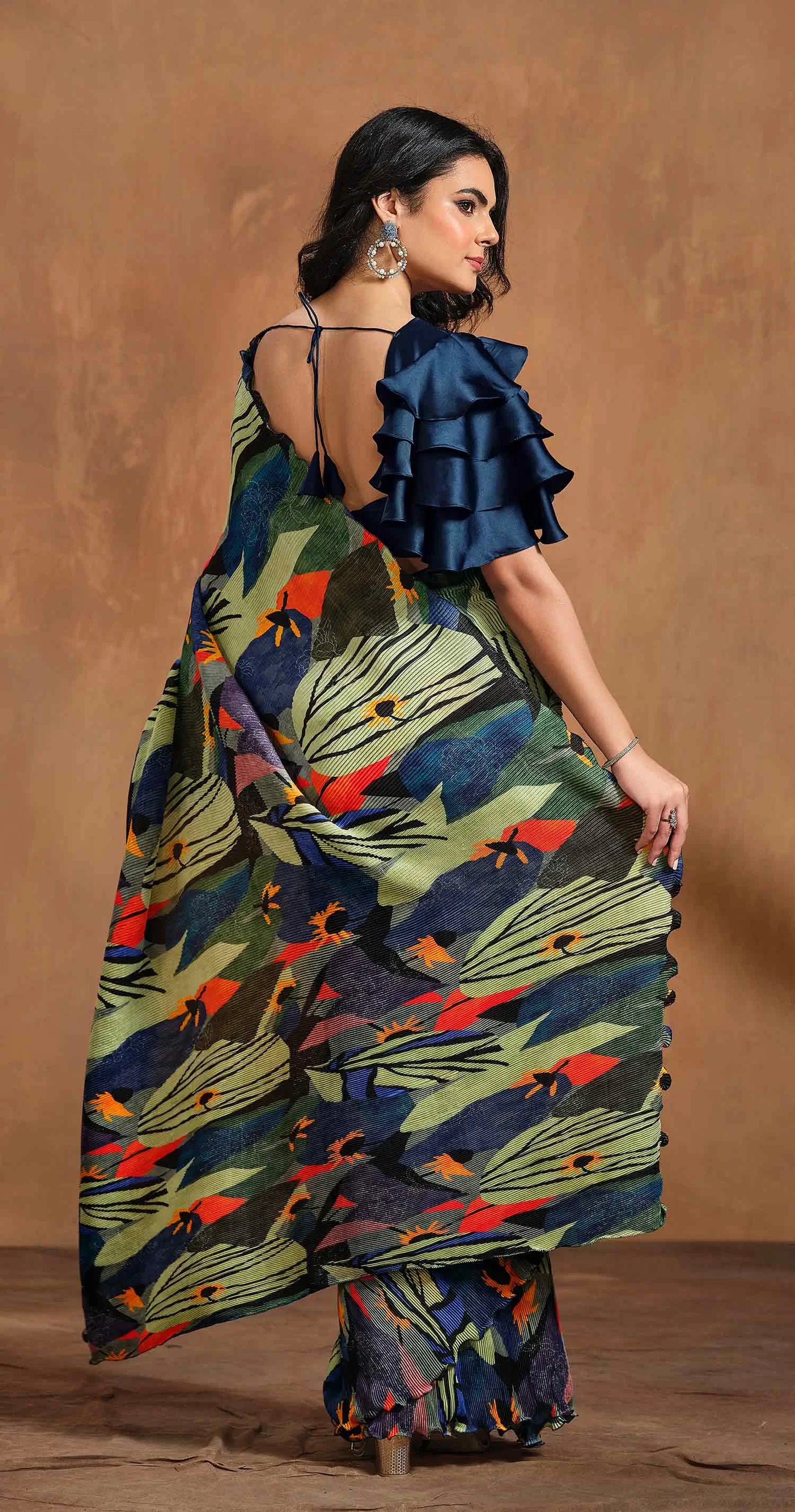 Olive Green With Multi Color Digital Print Ready To Wear One Minute Saree