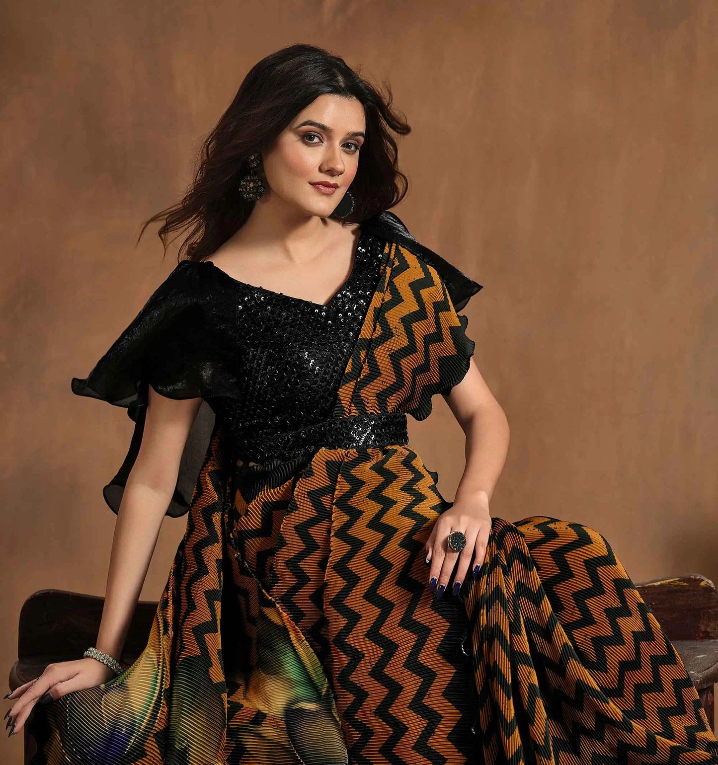 Brownish Orange Digital Print One Minute Saree With Hand Work Blouse